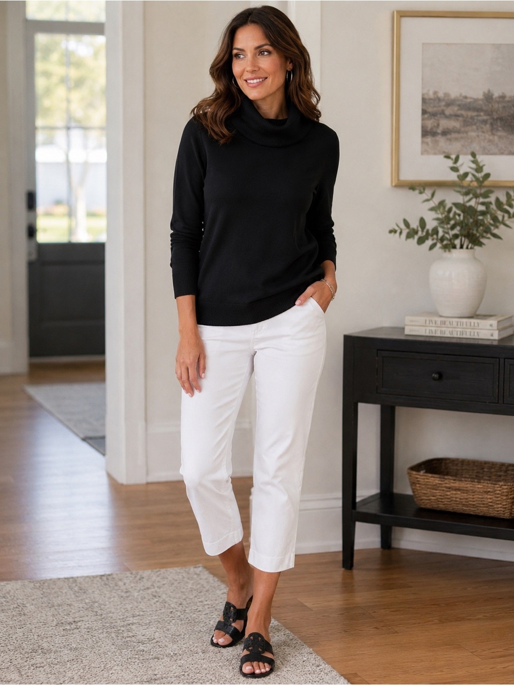 Chico's White Cropped Jeans with Black Top